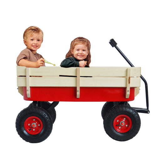 Outdoor Wagon All Terrain Pulling w/Wood Railing Air Tires Children Kid Garden（Red）