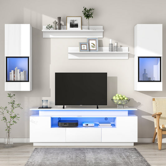 ON-TREND Stylish Functional TV stand, 5 Pieces Floating TV Stand Set, High Gloss Wall Mounted Entertainment Center with 16-color LED Light Strips for 75+ inch TV, White