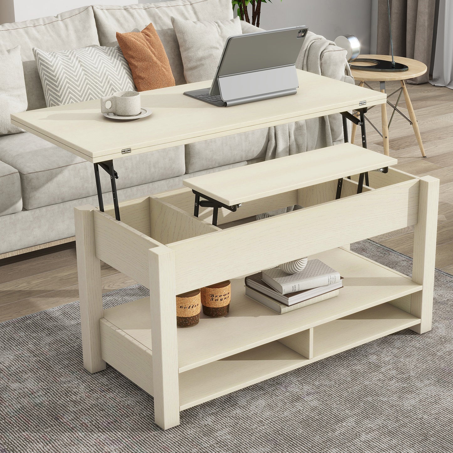 ON-TREND Lift Top Coffee Table, Multi-Functional Coffee Table with Open Shelves, Modern Lift Tabletop Dining Table for Living Room, Home Office, Rustic Ivory