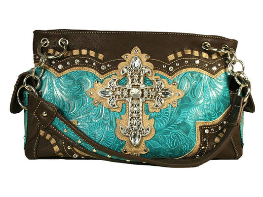 "Secure your safety without compromising on style with our conceal and carry purses." Fashion Conceal Carry Purse - Cross - Turquoise/Brown