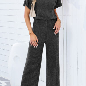 dark grey ribbed keyhole short sleeve wide leg jumpsuit