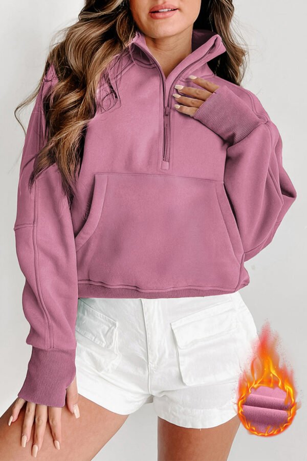 gray fleece lined zip up stand collar thumbhole sleeve sweatshirt