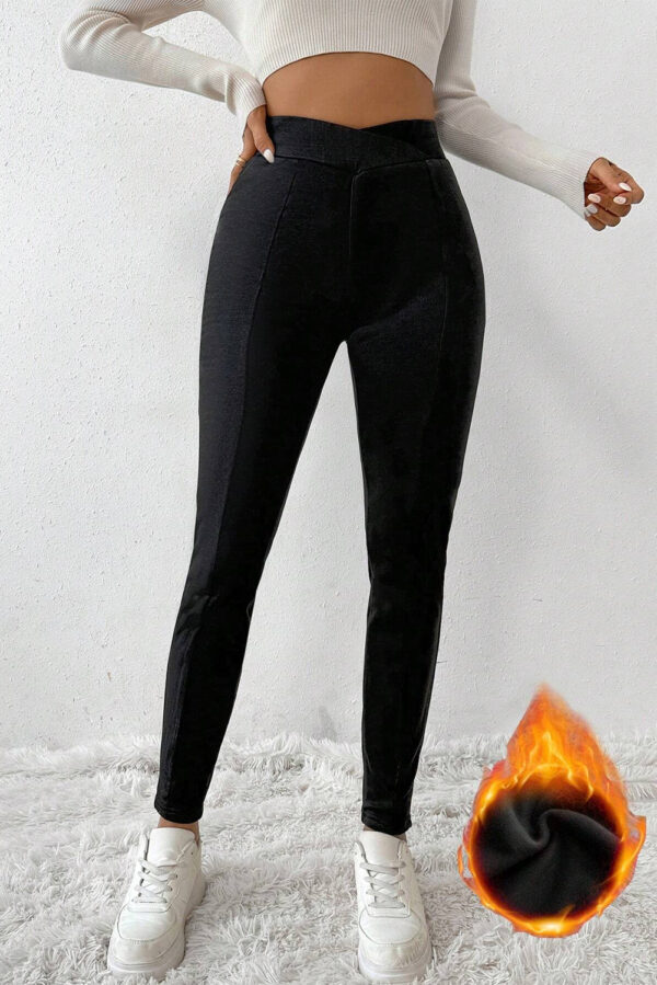 black crossed waist seamed leg thermal leggings