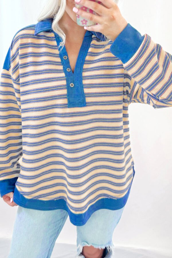 red stripe buttoned v neck collared drop shoulder top