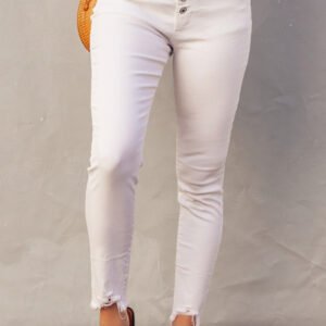 white plain high waist buttons frayed cropped denim jeans