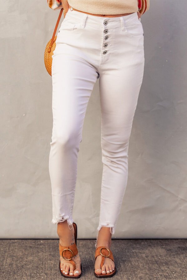 white plain high waist buttons frayed cropped denim jeans