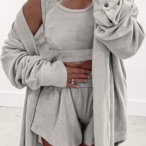 gray 3 pcs crop tank top shorts with cardigan lounge set