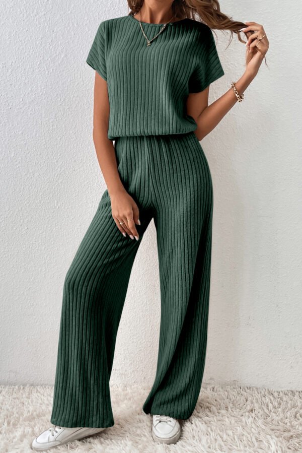 dark grey ribbed keyhole short sleeve wide leg jumpsuit