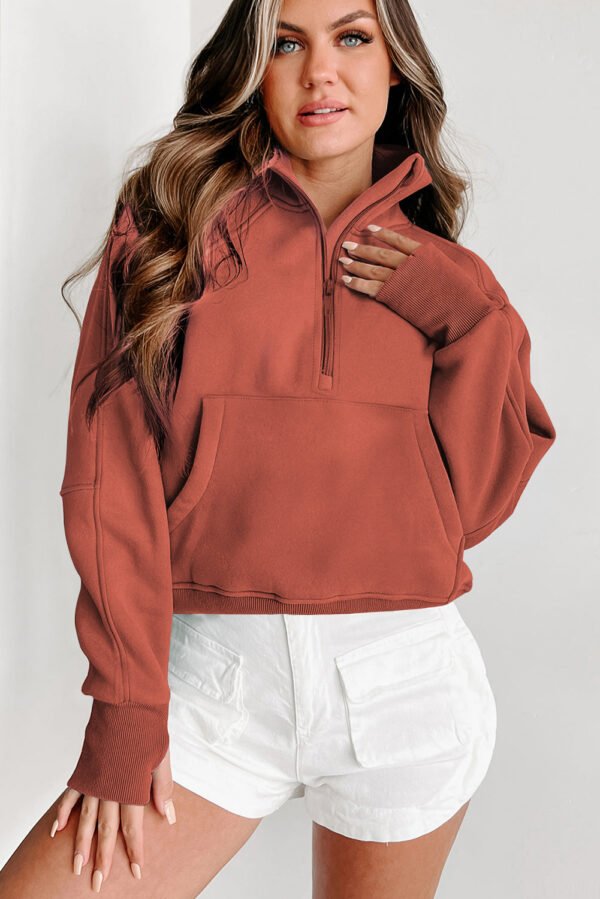 gray fleece lined zip up stand collar thumbhole sleeve sweatshirt
