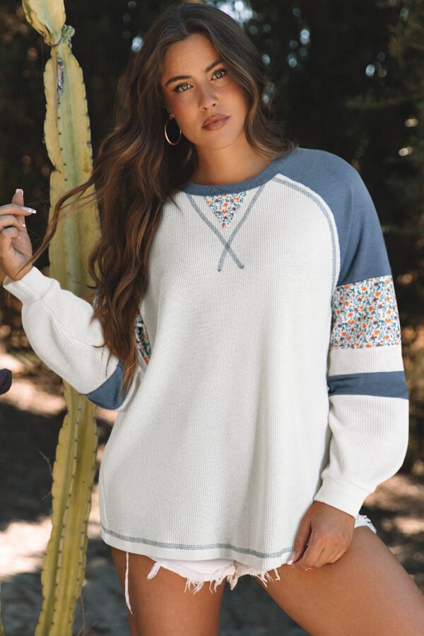white floral patchwork waffle knit raglan top