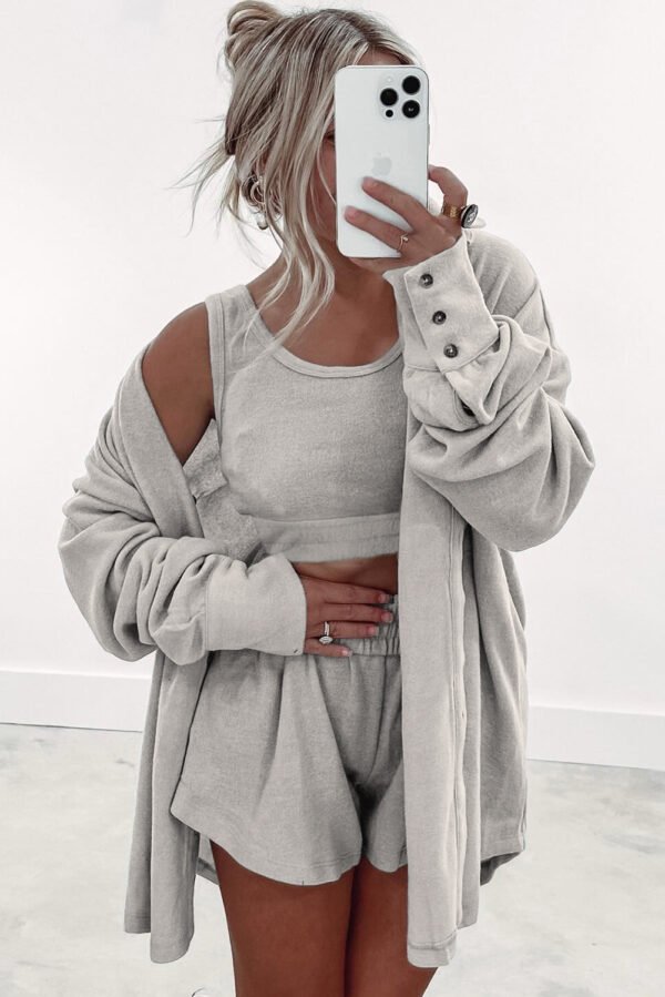 gray 3 pcs crop tank top shorts with cardigan lounge set