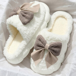 white contrast bowknot applique plush winter slippers (bow colors may differ by batch)