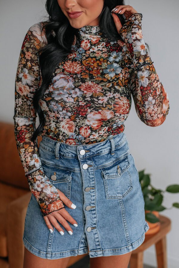 pink floral long sleeve high neck sheath mesh top