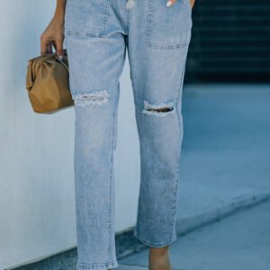 sky blue gather round distressed pocketed denim jogger