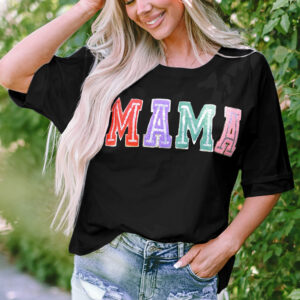 black mama chenille patched crew neck t shirt