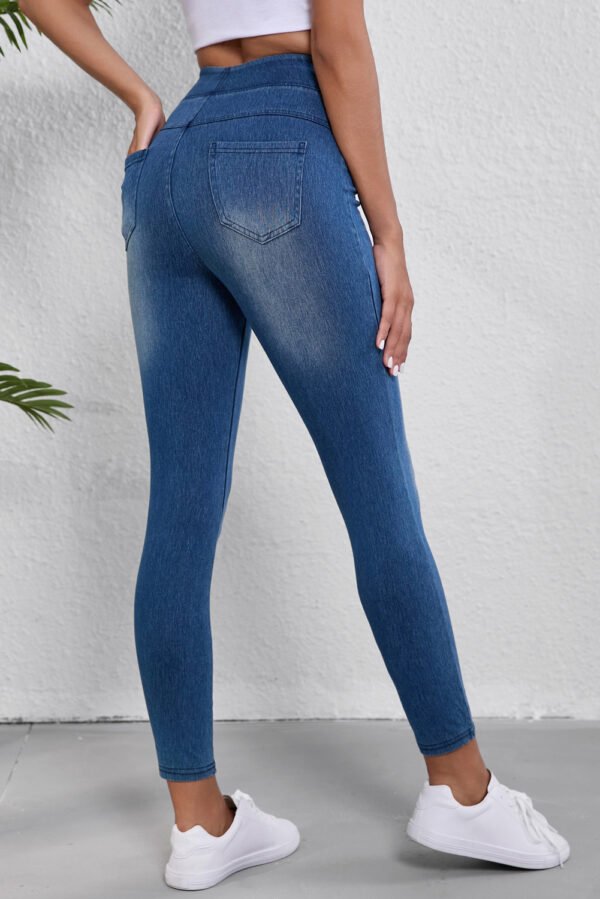 navy blue skinny elastic waist ankle length mid waist jeggings with pockets
