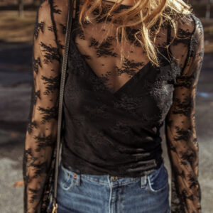 black lace mesh crochet splicing slim fit long sleeve blouse