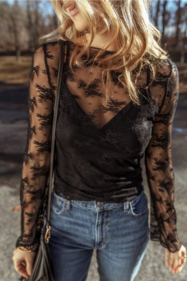 black lace mesh crochet splicing slim fit long sleeve blouse
