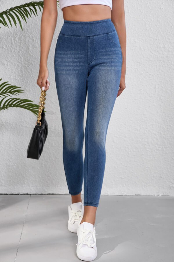 navy blue skinny elastic waist ankle length mid waist jeggings with pockets