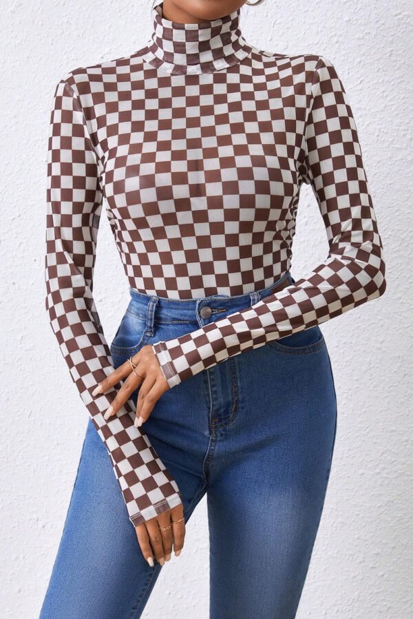 black checkered printed long sleeve high neck bodysuit