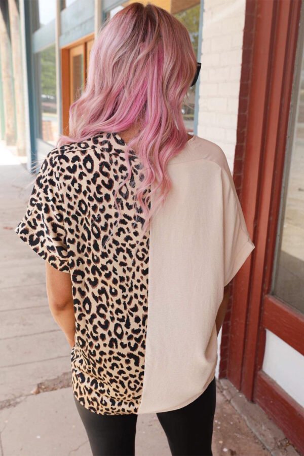 khaki contrast leopard color block blouse