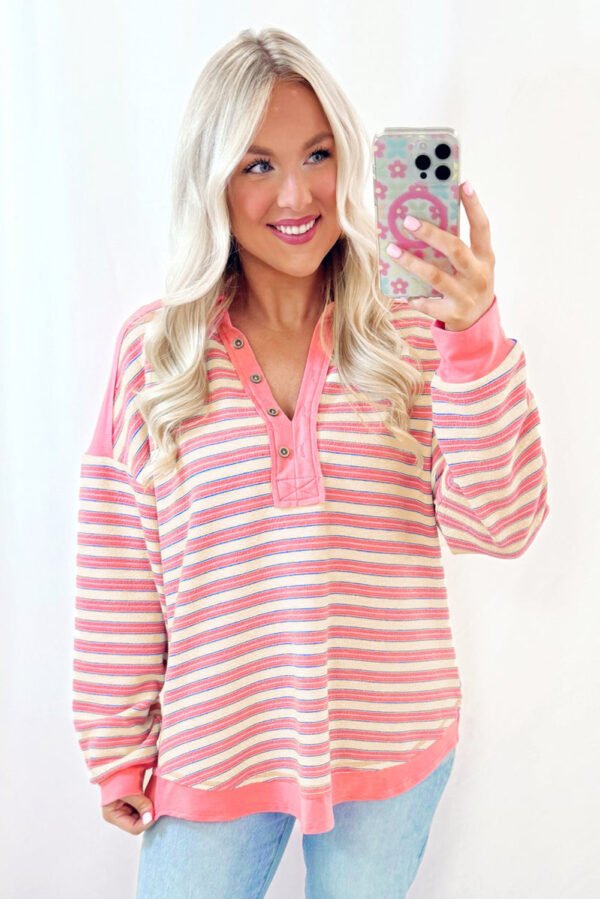 red stripe buttoned v neck collared drop shoulder top