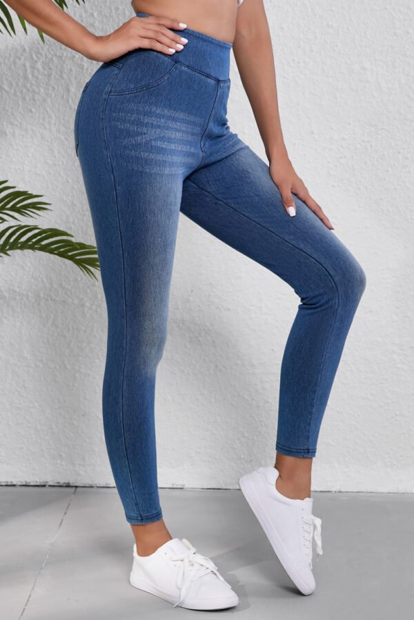 navy blue skinny elastic waist ankle length mid waist jeggings with pockets
