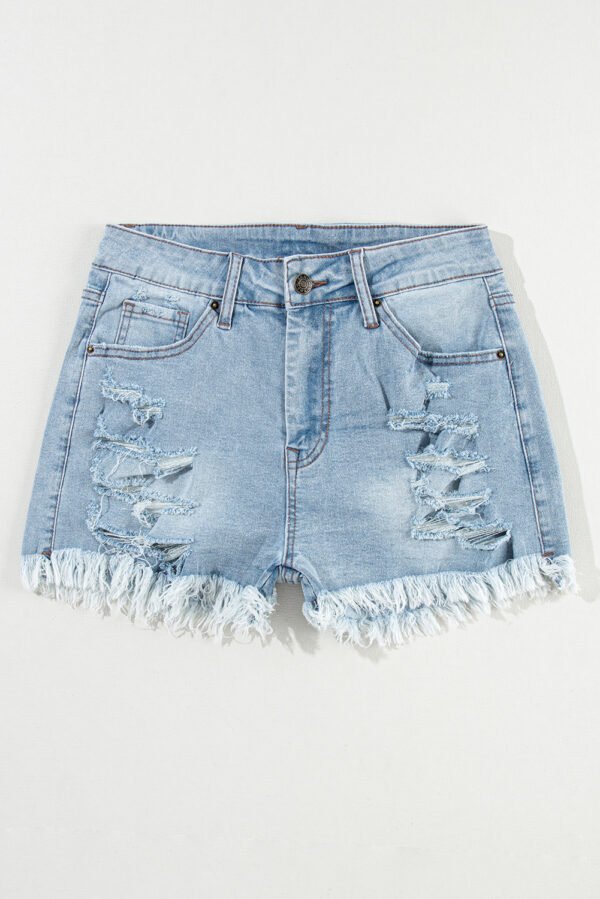 light blue distressed ripped raw hem high waist denim shorts