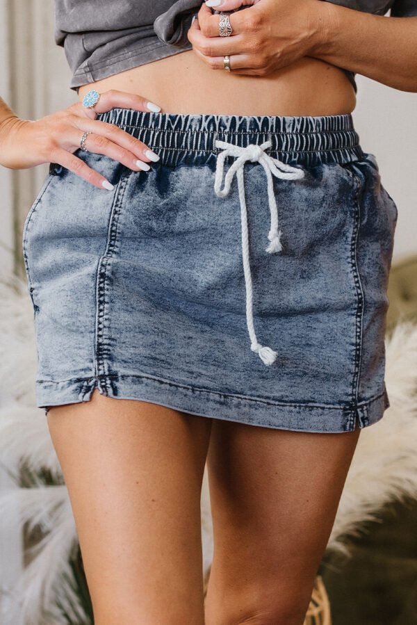 dusk blue drawstring elastic waistband pocketed denim shorts