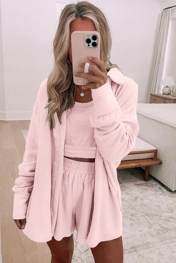 gray 3 pcs crop tank top shorts with cardigan lounge set