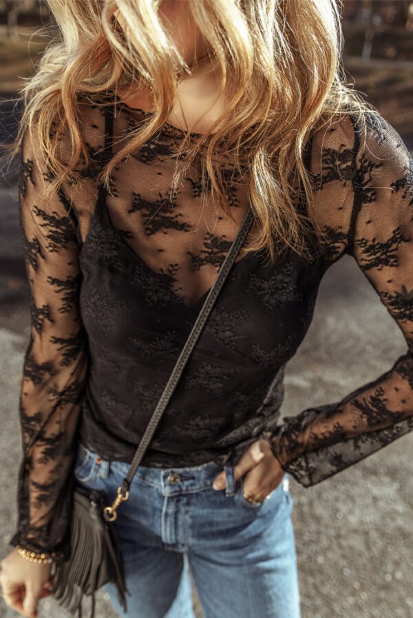 black lace mesh crochet splicing slim fit long sleeve blouse