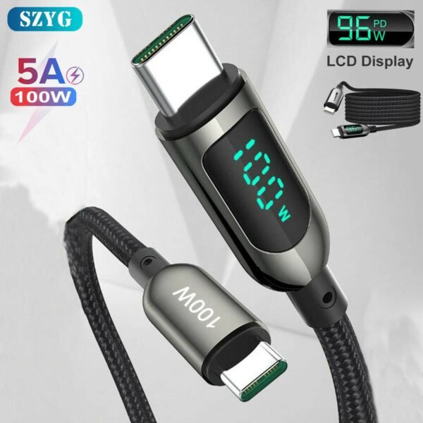 100w 5a pd usb c to usb c cable type c fast charging cord lcd display charger