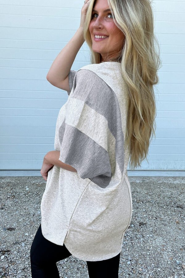 light grey two tone contrast waffle knit patched buttoned v neck top