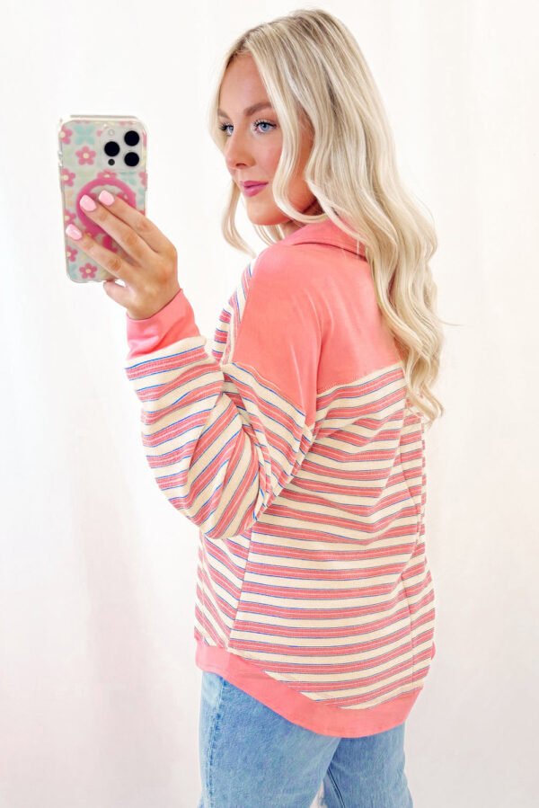 red stripe buttoned v neck collared drop shoulder top