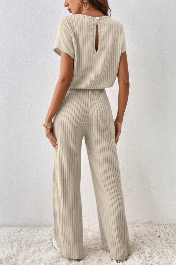 dark grey ribbed keyhole short sleeve wide leg jumpsuit