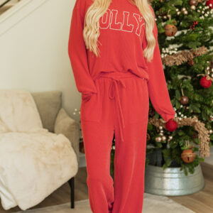 fiery red jolly corded long sleeve top and pockets pants set