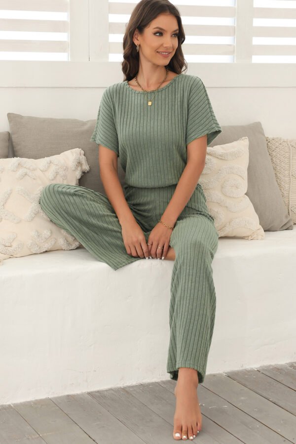dark grey ribbed keyhole short sleeve wide leg jumpsuit