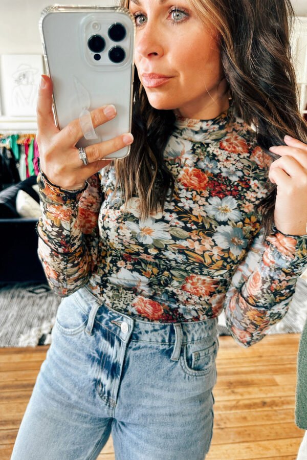 pink floral long sleeve high neck sheath mesh top