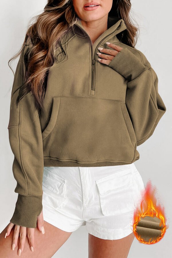 gray fleece lined zip up stand collar thumbhole sleeve sweatshirt