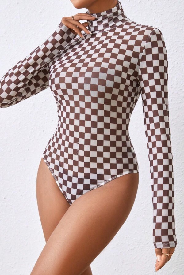 black checkered printed long sleeve high neck bodysuit