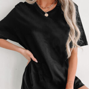 black solid color round neck basic tunic t shirt