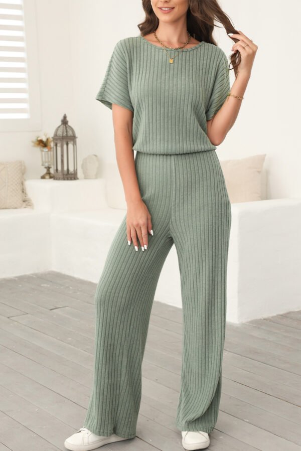 dark grey ribbed keyhole short sleeve wide leg jumpsuit