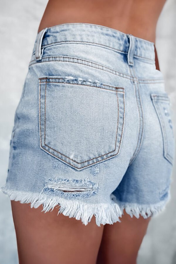 light blue distressed ripped raw hem high waist denim shorts