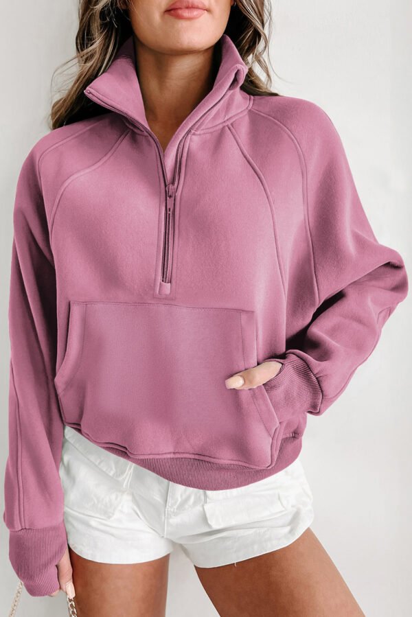 gray fleece lined zip up stand collar thumbhole sleeve sweatshirt