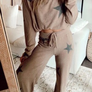 khaki retro star print loose long sleeve drawstring wide leg 2pcs lounge set