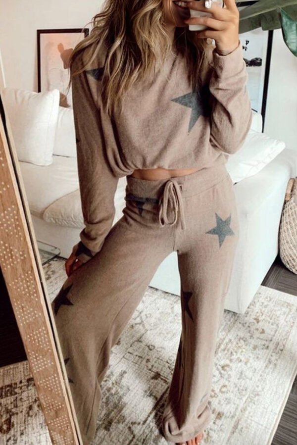 khaki retro star print loose long sleeve drawstring wide leg 2pcs lounge set