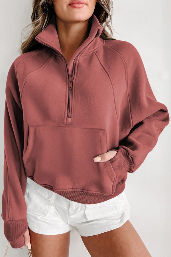 gray fleece lined zip up stand collar thumbhole sleeve sweatshirt