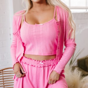 bonbon delicate texture cropped cami shorts and cardigan 3pcs lounge set