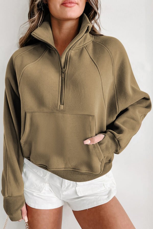 gray fleece lined zip up stand collar thumbhole sleeve sweatshirt