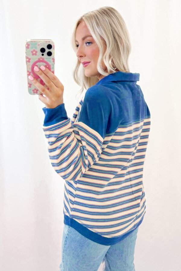 red stripe buttoned v neck collared drop shoulder top